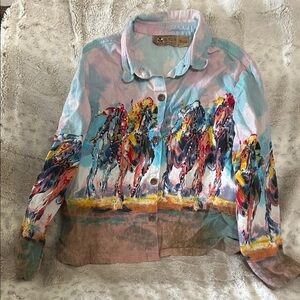 Hand-Painted Horse Motif Jean Jacket - Multi-Color